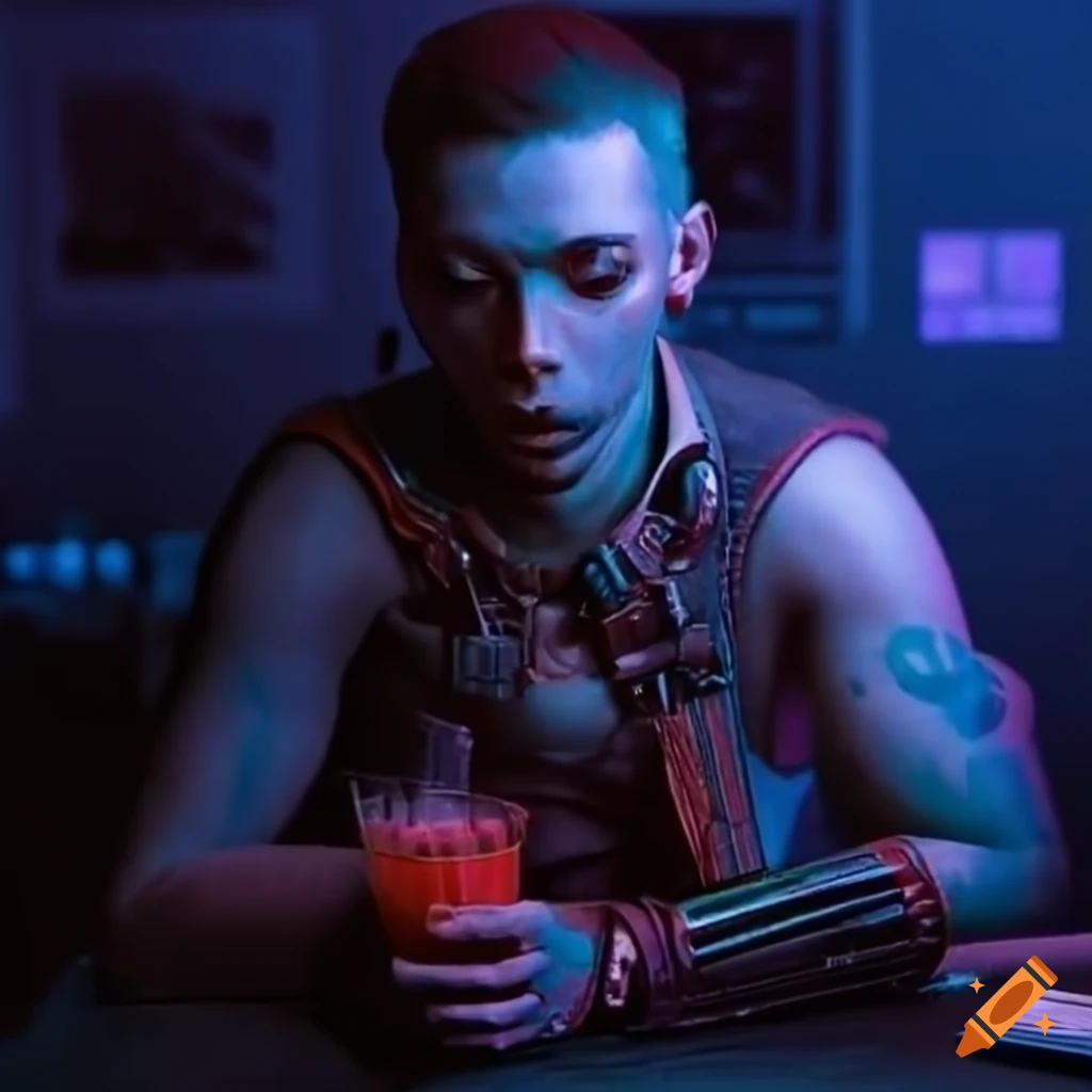 cyberpunk male engineer with a drink