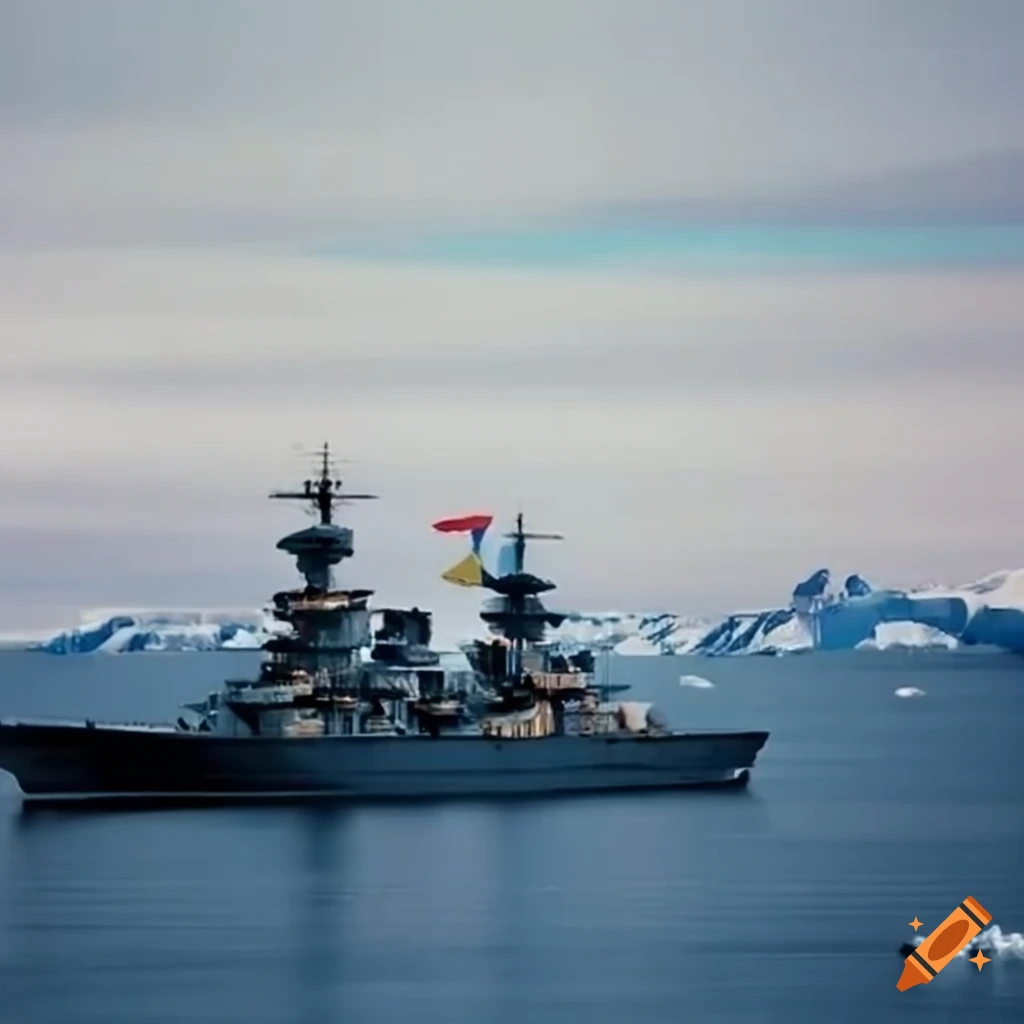 battleship with Russian flag in Antarctica