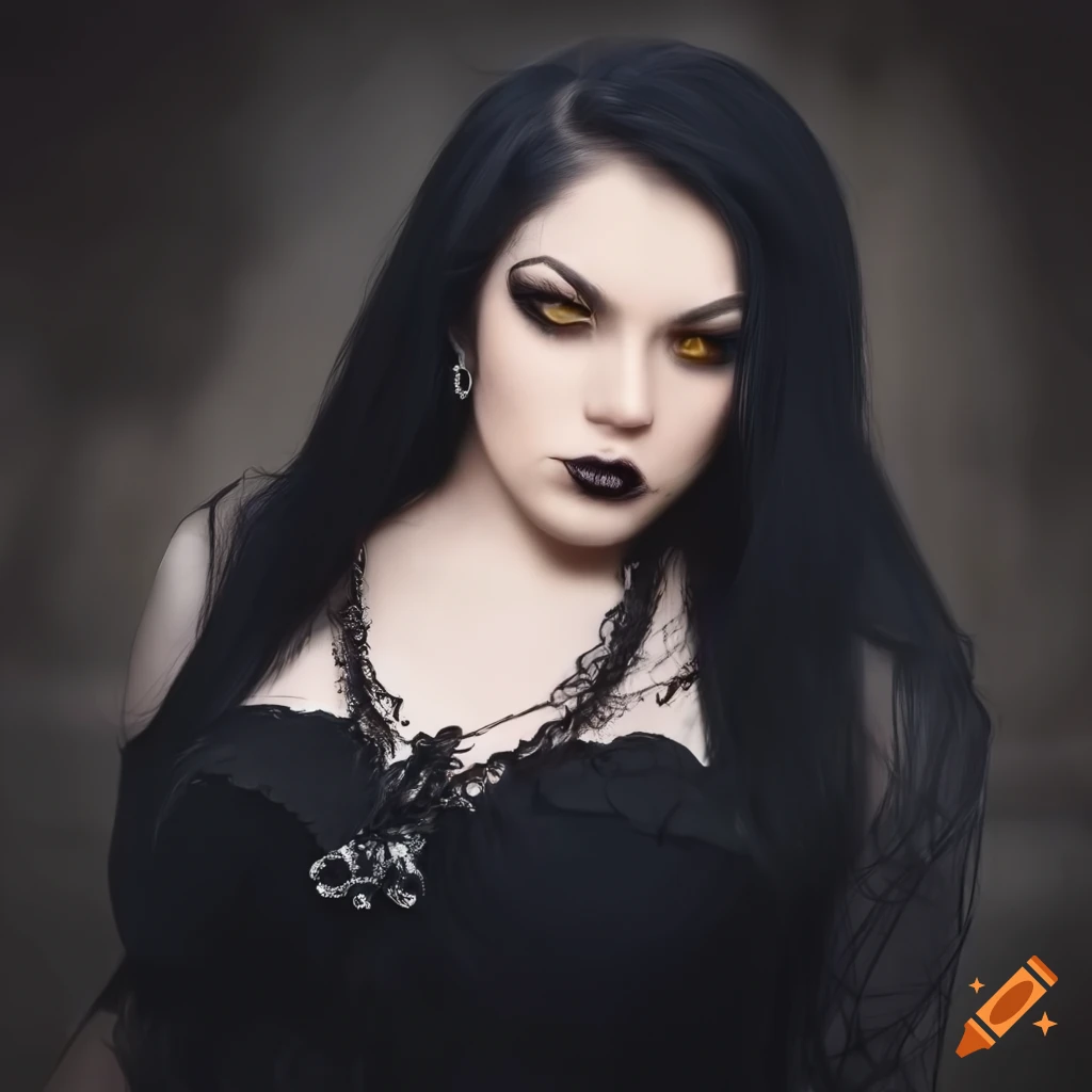 A ginger vampire lady, with yellow eyes, black lipstick, black makeup,  wearing an elegant black dress, giving a smile on Craiyon