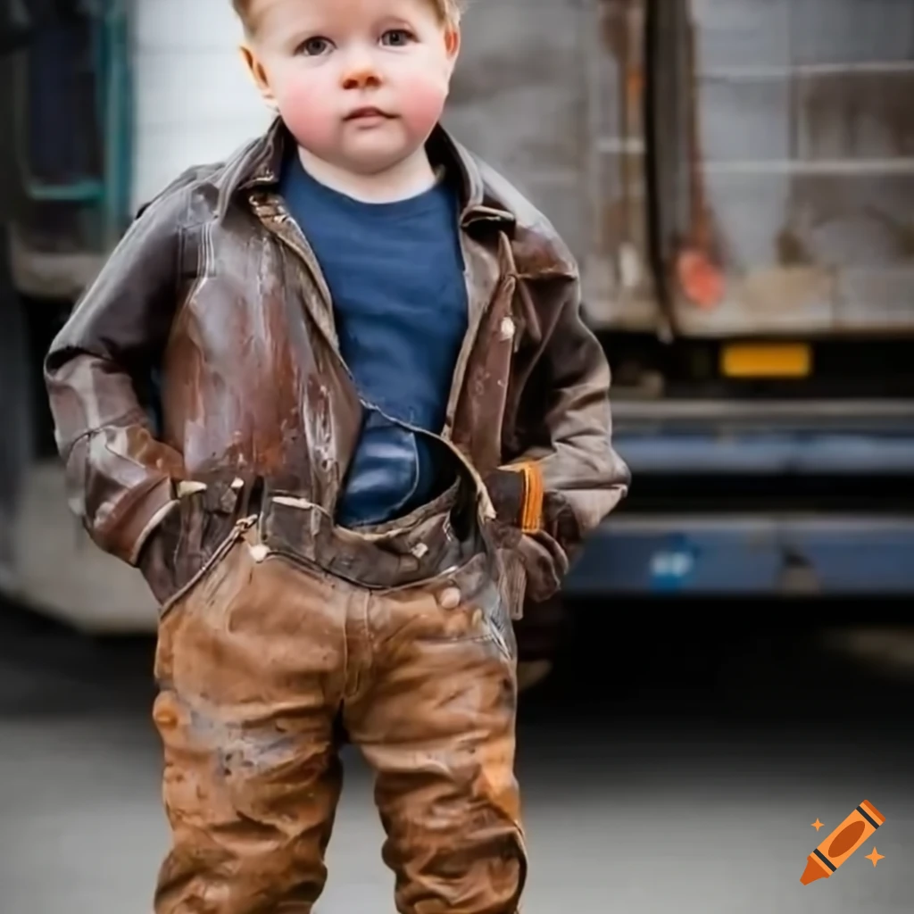 young boy in a truck depot