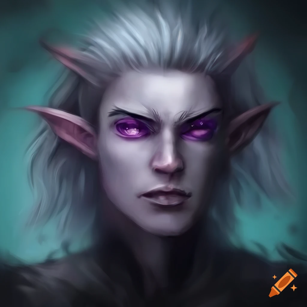 Portrait of a dark fantasy faerie elf with silver hair and violet eyes ...