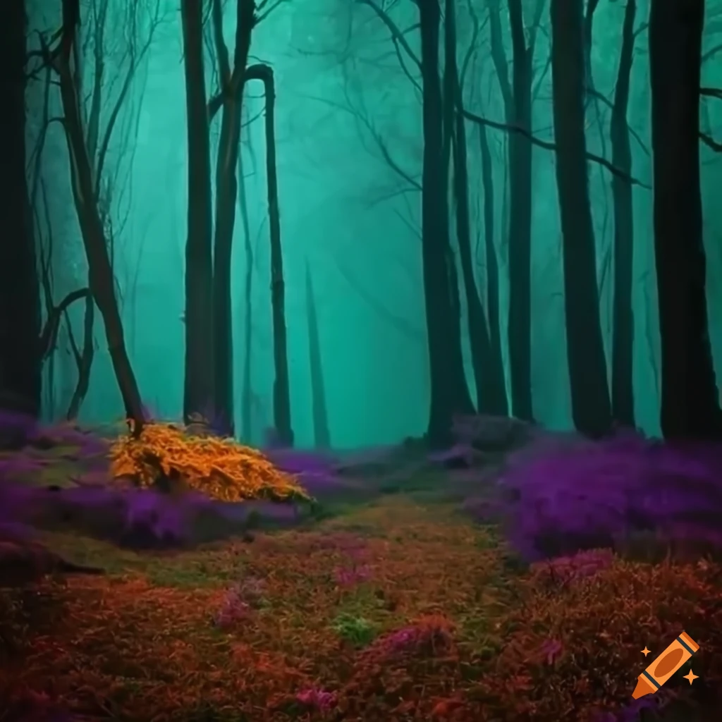 magical forest with purple flowers and teal fog