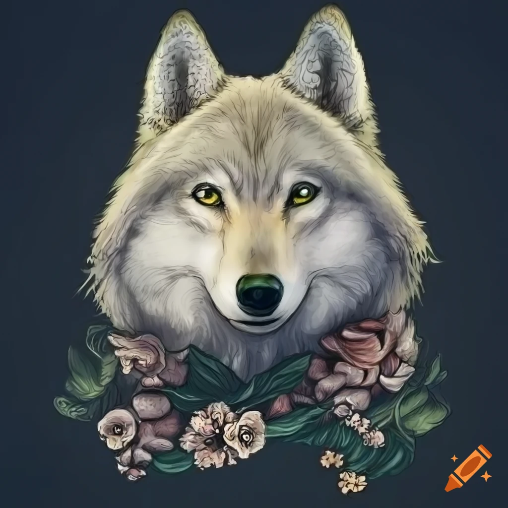 gothic wolf surrounded by mushrooms