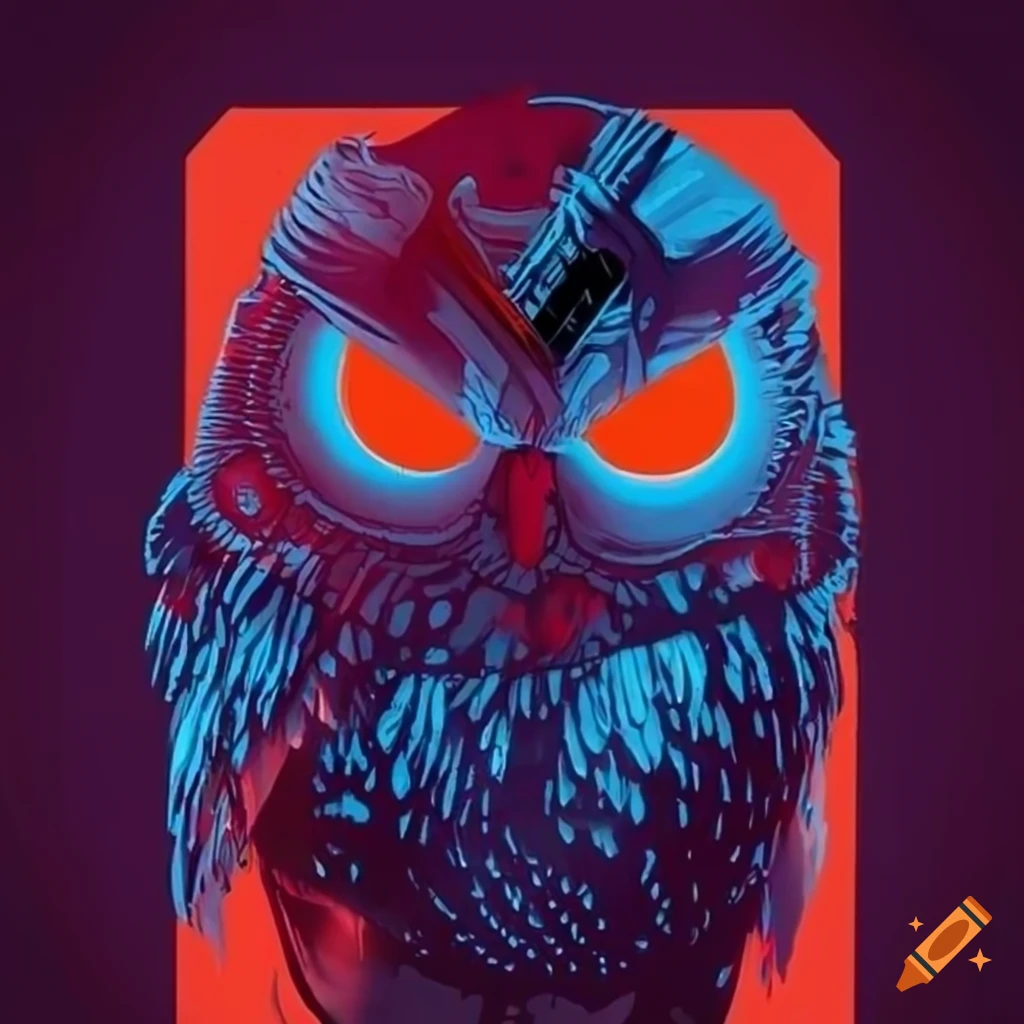 Cyberpunk owl artwork in blue, orange, and red