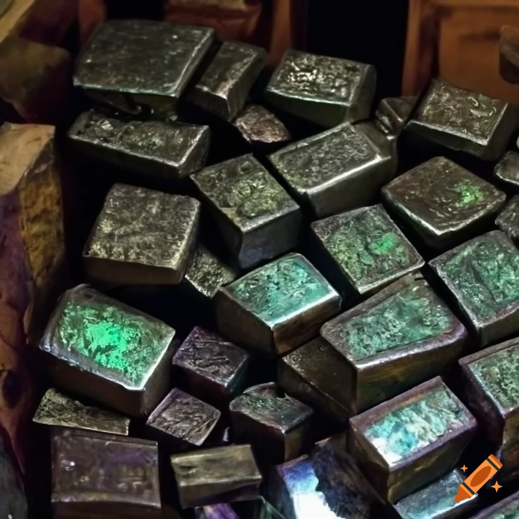 pile of mysterious metal ingots in a fantasy store room