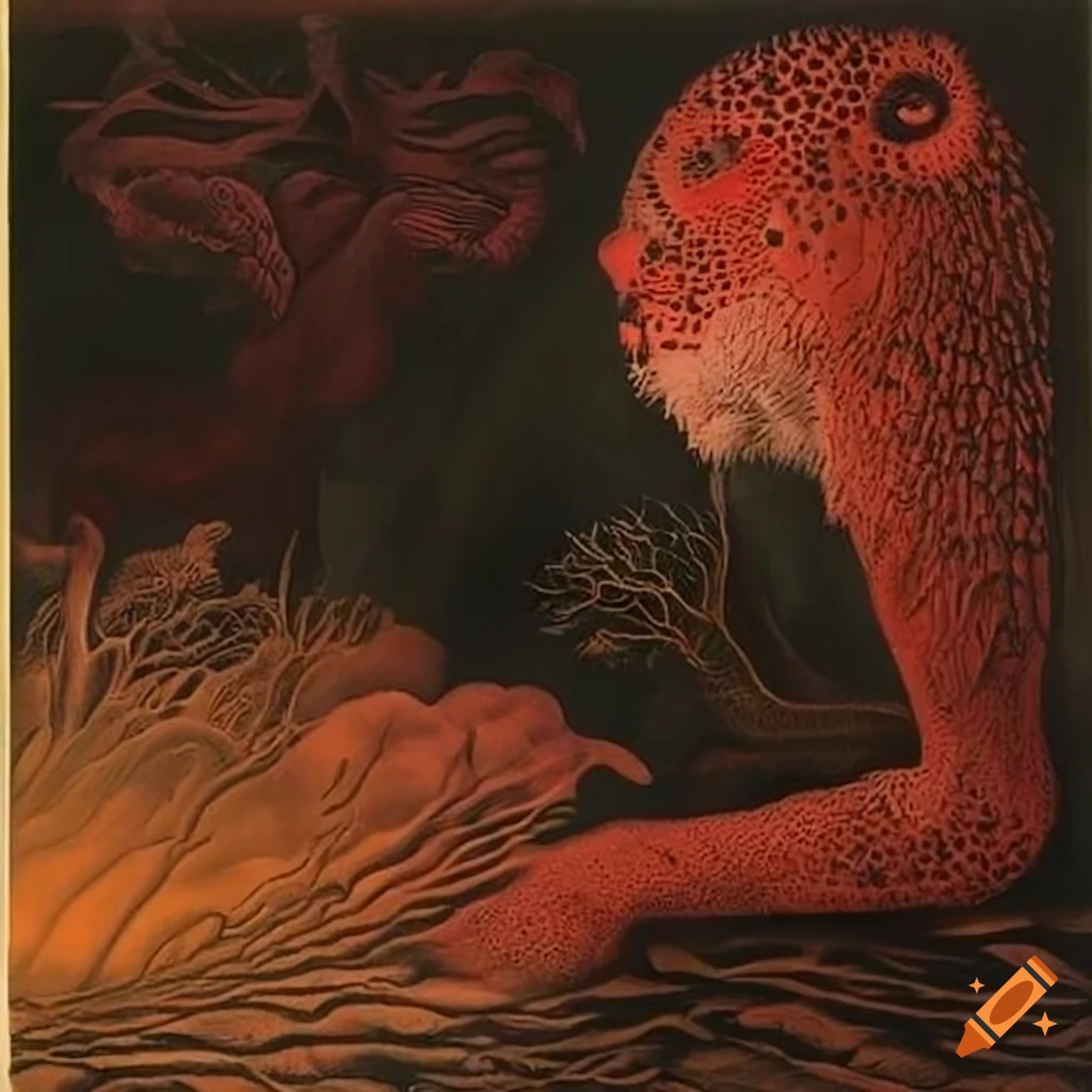 Color serigraph of native salish motifs and fantasy creatures on Craiyon