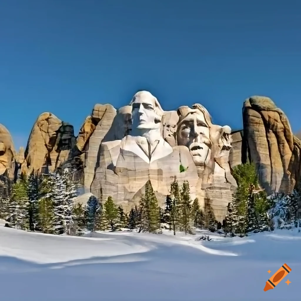 snowy landscape with Mount Rushmore in the background