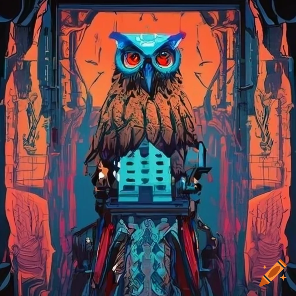 Artistic depiction of a cyberpunk owl with blue, orange, and red colors ...