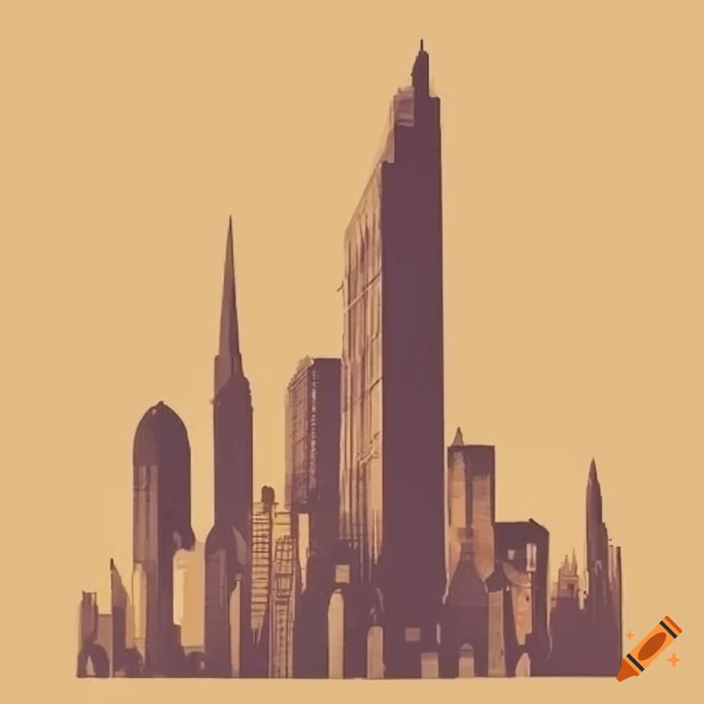 sepia drawing of a post-modern city with a religious symbol