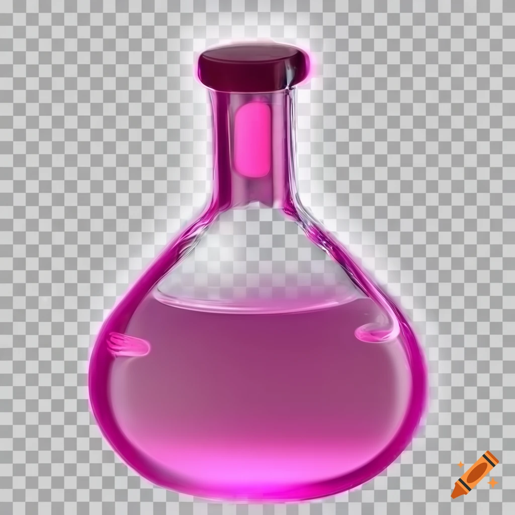 Glass flask with white and pink glowing liquid on Craiyon