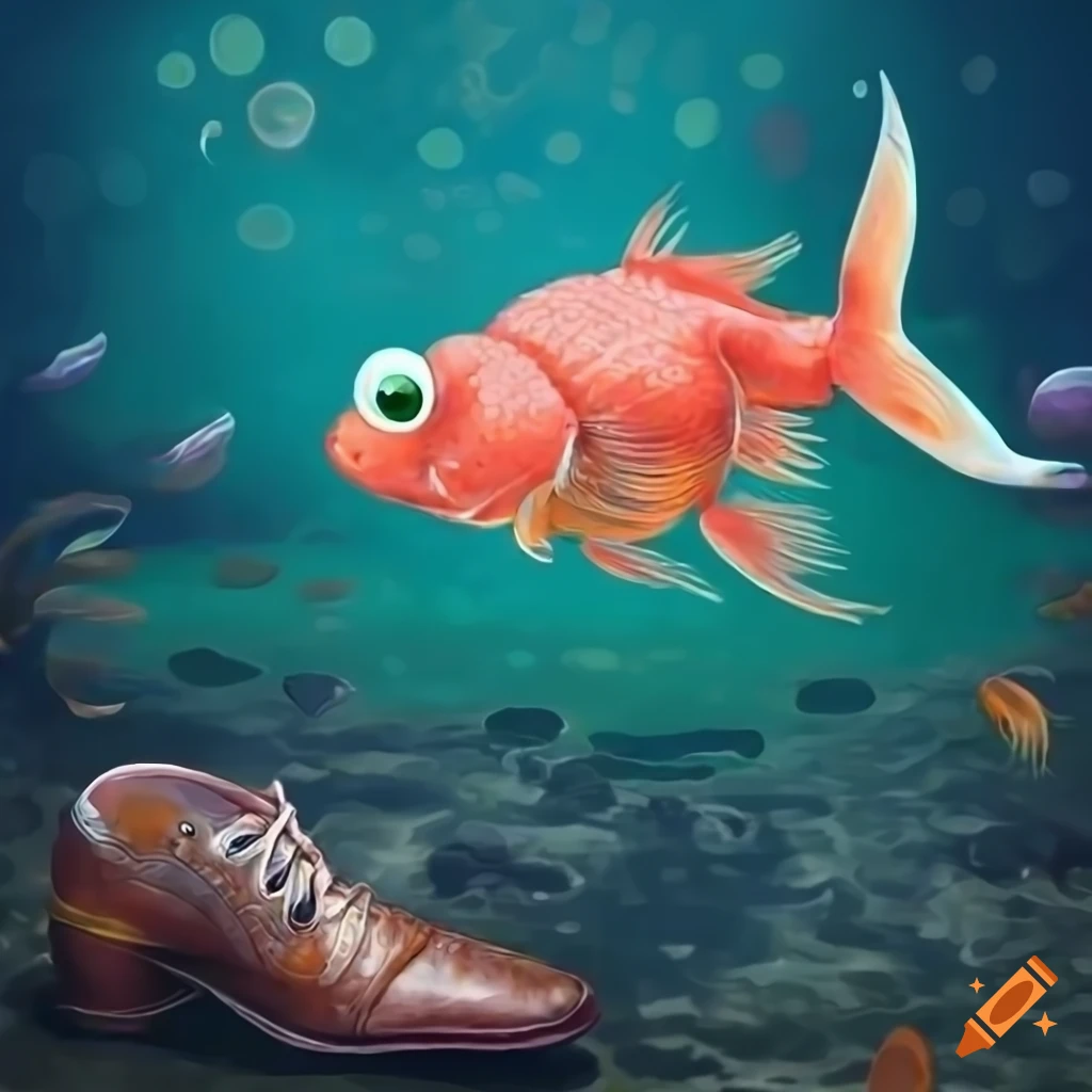 Handpainted game poster with goldfish spaceship crab and old shoe on