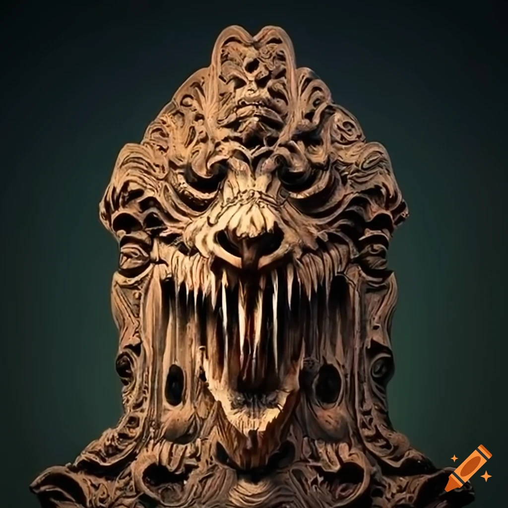 detailed carving of a moth werewolf motif