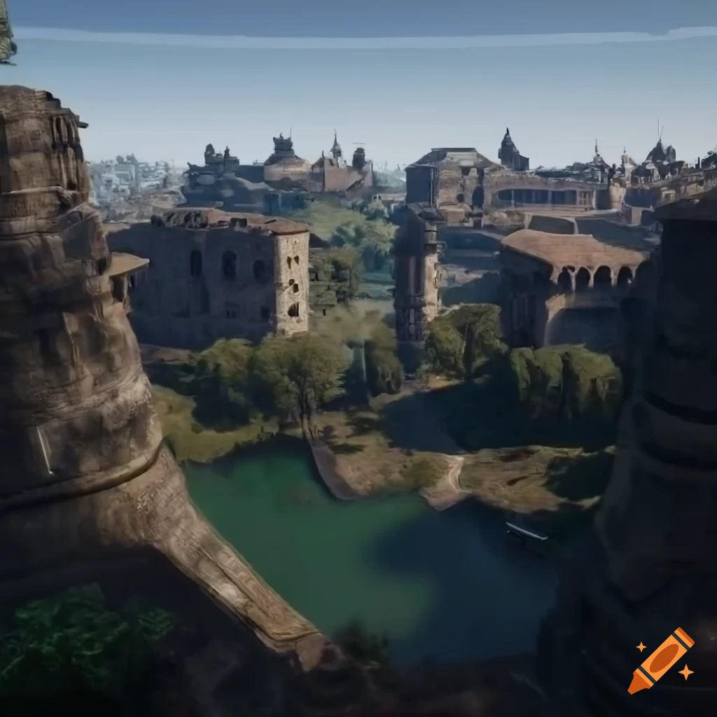 Aerial view of an etruscan city in a jungle on Craiyon