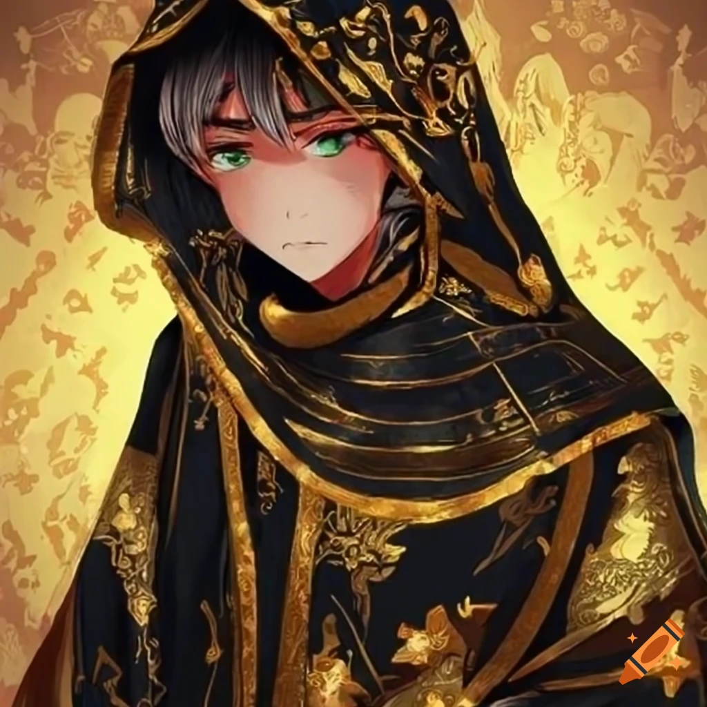 Anime style illustration of a young arabic merchant in a gilded black robe  on Craiyon