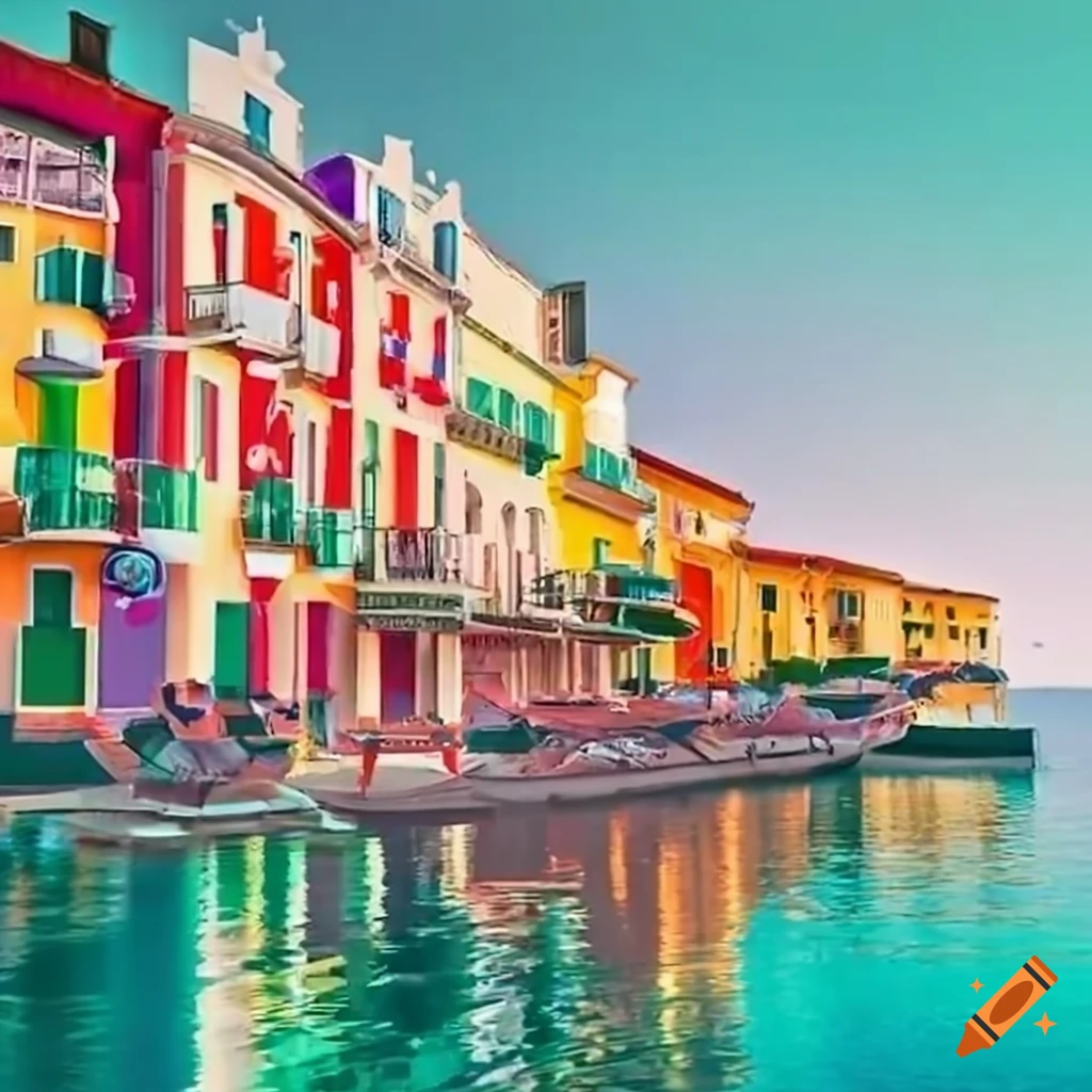 vibrant coastal town with sunny weather