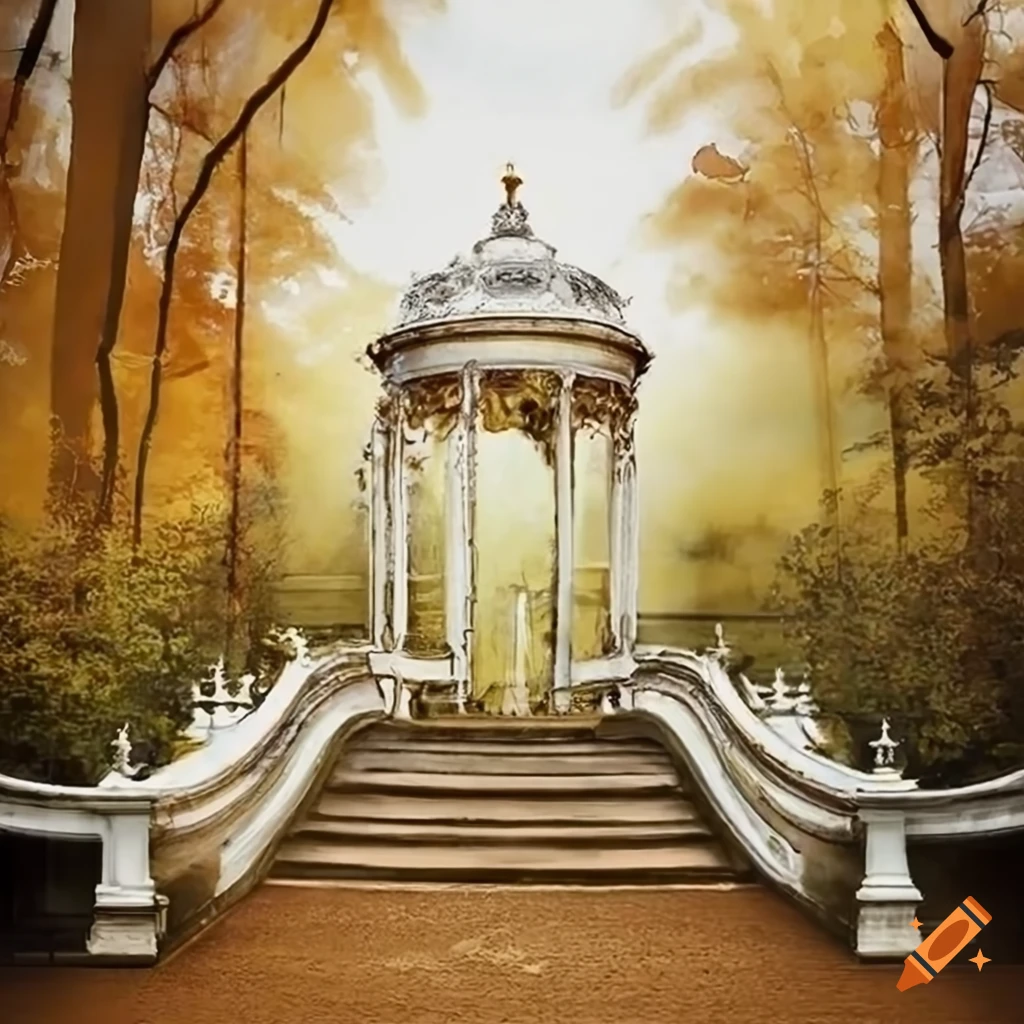 Aquarelle painting of a victorian garden with gold and copper accents