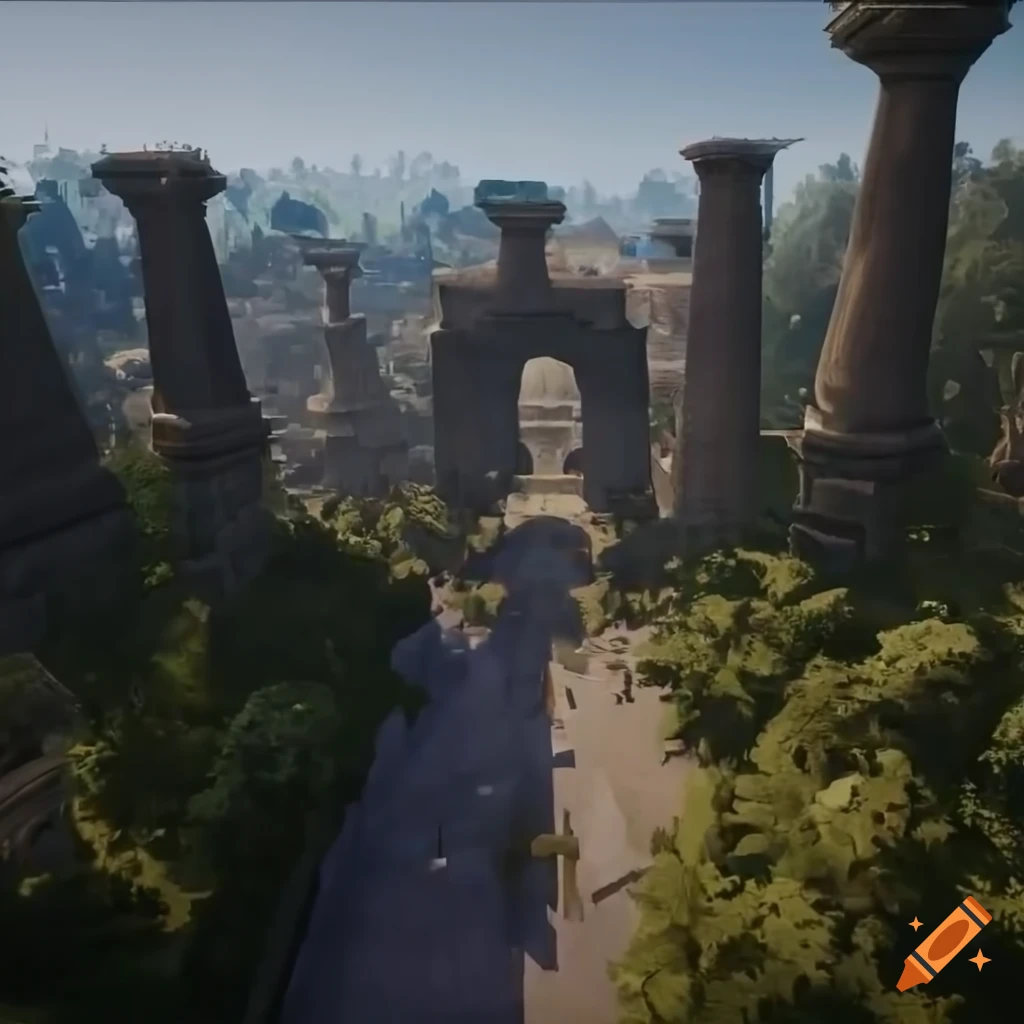 aerial view of an Etruscan city in a jungle