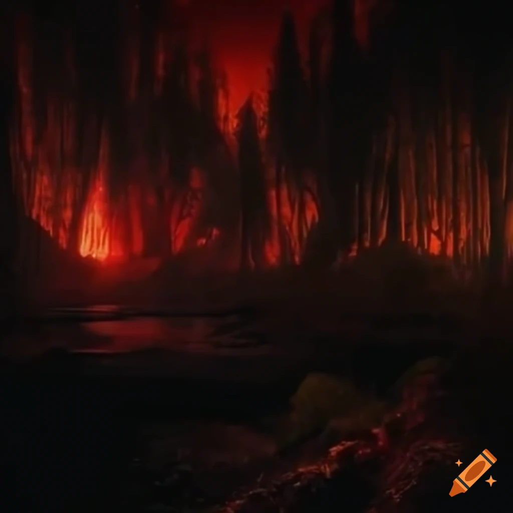 dark fantasy movie scene with red lights in Skyrim marsh