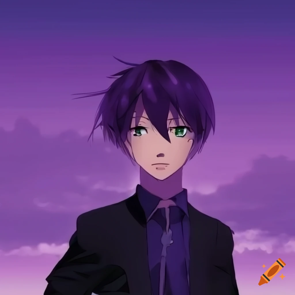 anime male character gazing at a distant point under a purple sky