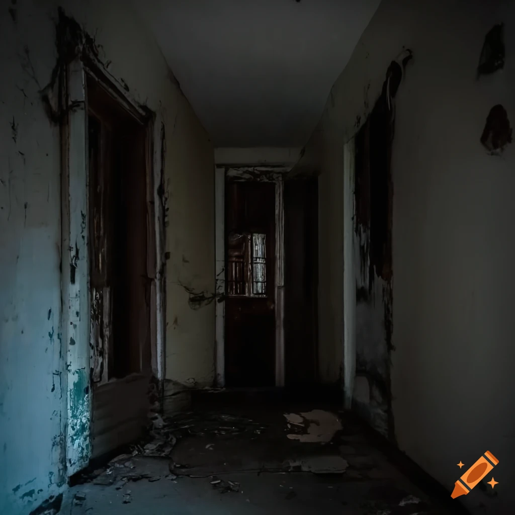 dark and eerie hallway with locked door in chains
