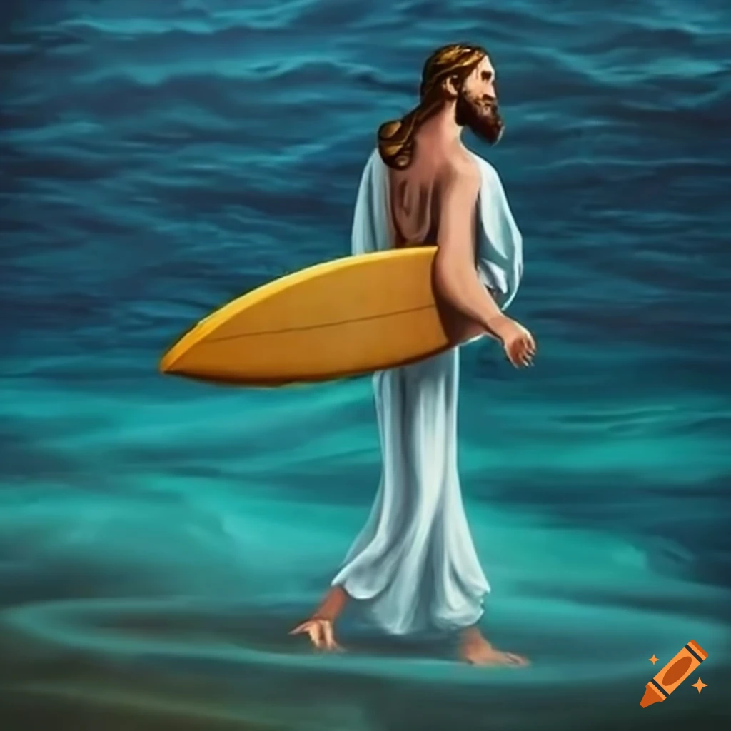 Artistic depiction of jesus surfing on water on Craiyon
