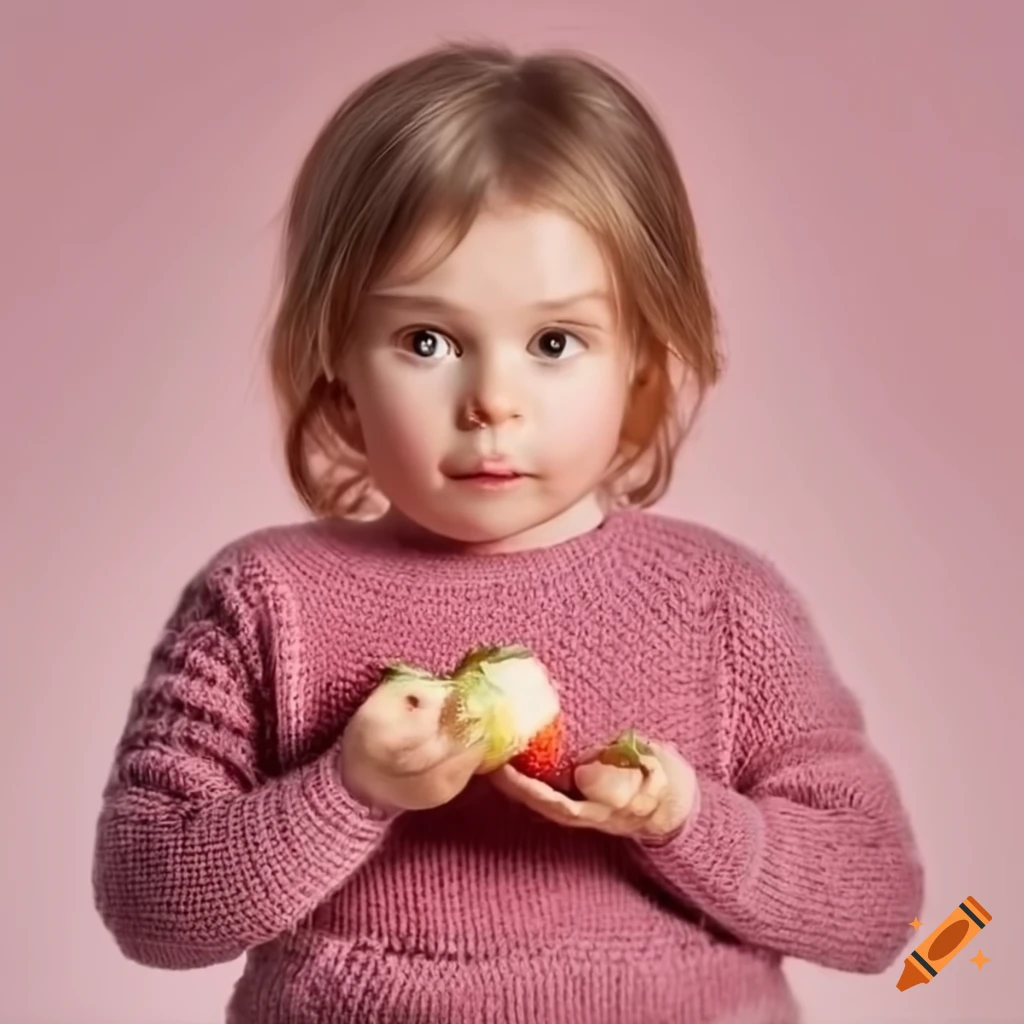 Girl wearing a pink sweater with a strawberry design on Craiyon