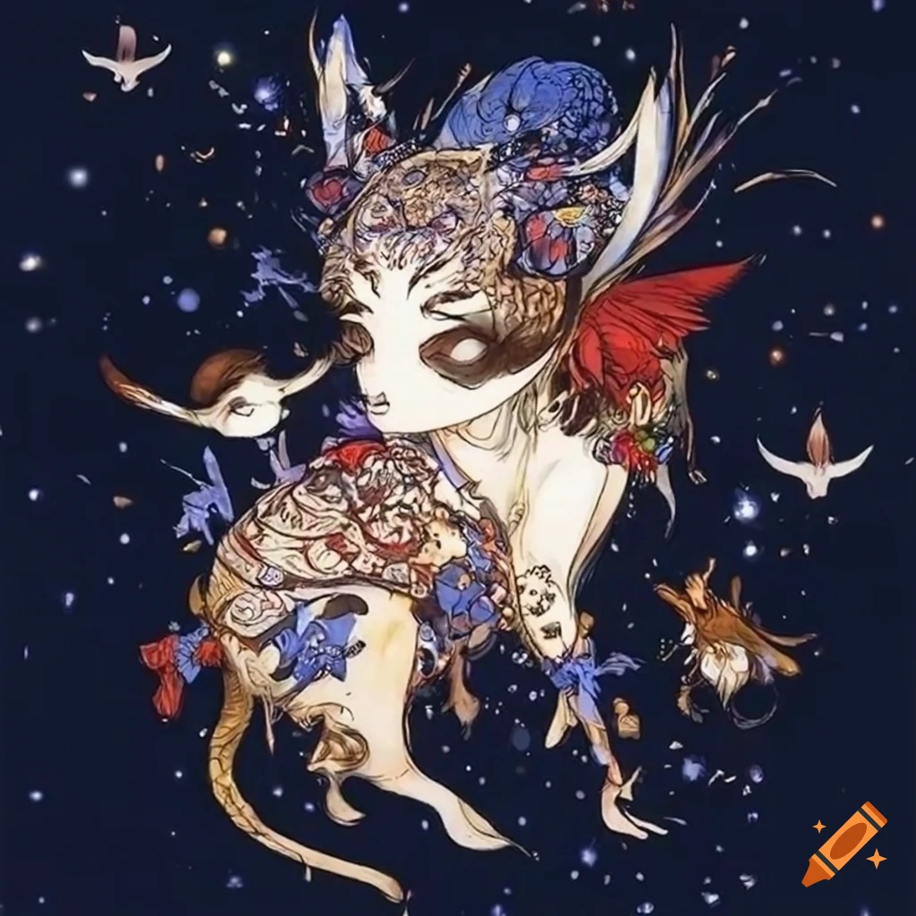 artwork of animal constellations in yoshitaka amano style
