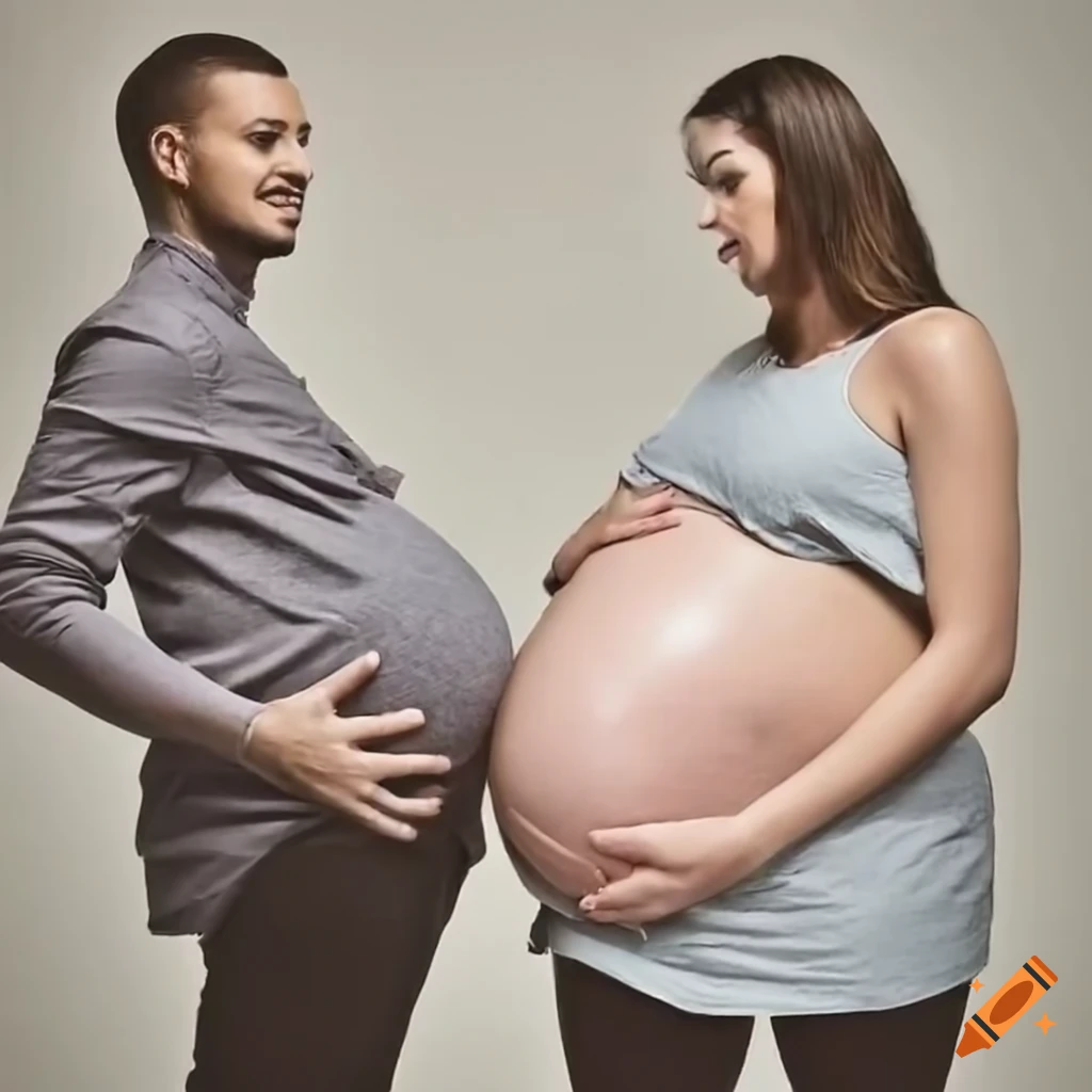 Pregnant couple standing together with visible bellies on Craiyon