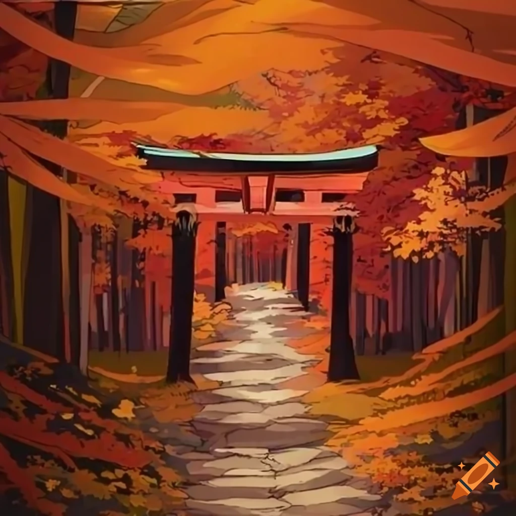 Japanese torii gate in an autumn forest