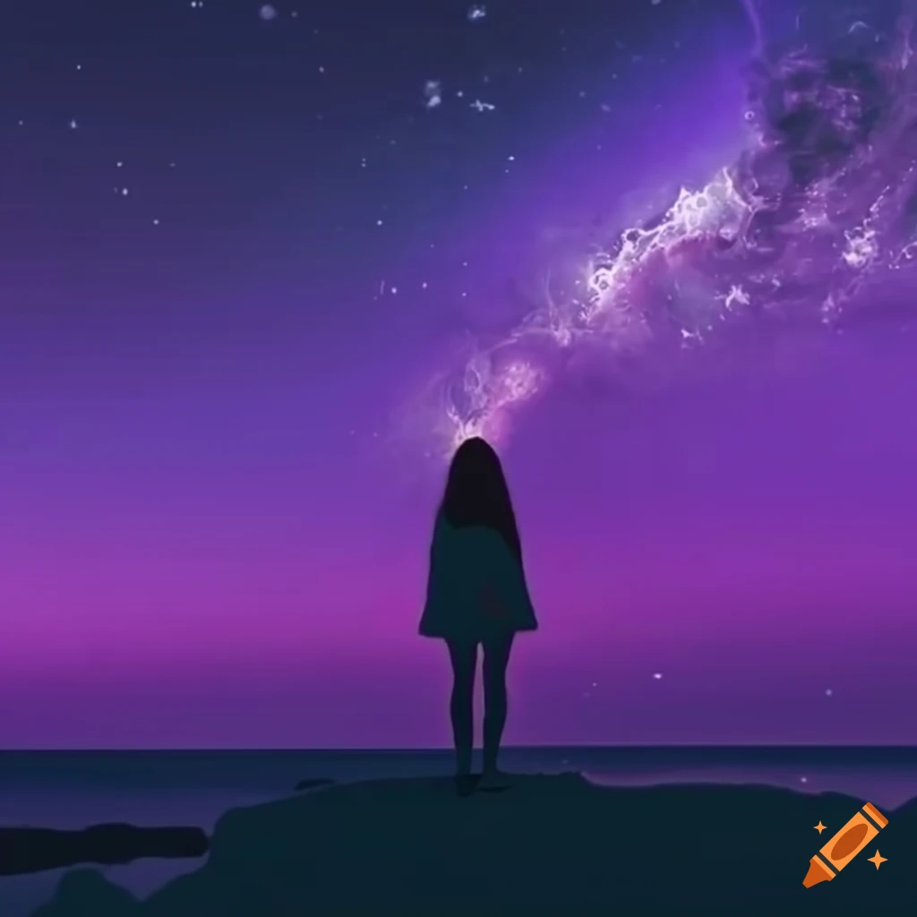girl standing in a purple sea storm with a futuristic backdrop