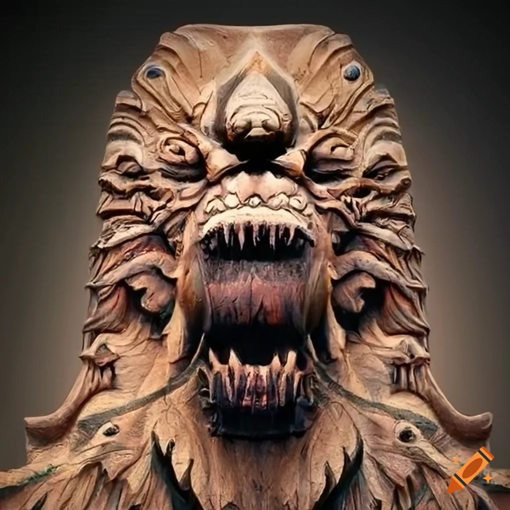 detailed carving of a moth werewolf motif