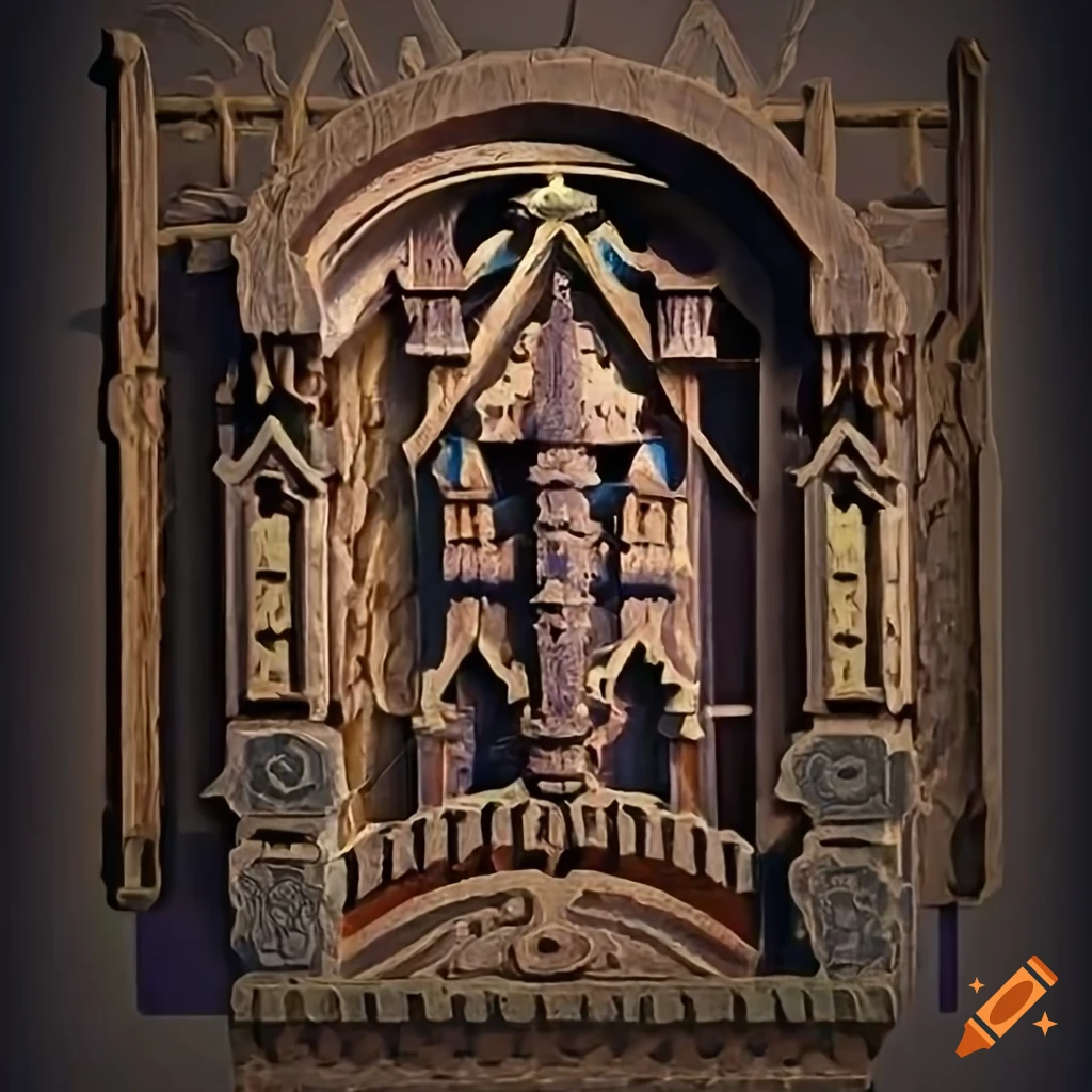 Zelda game art with architectural stave carving style