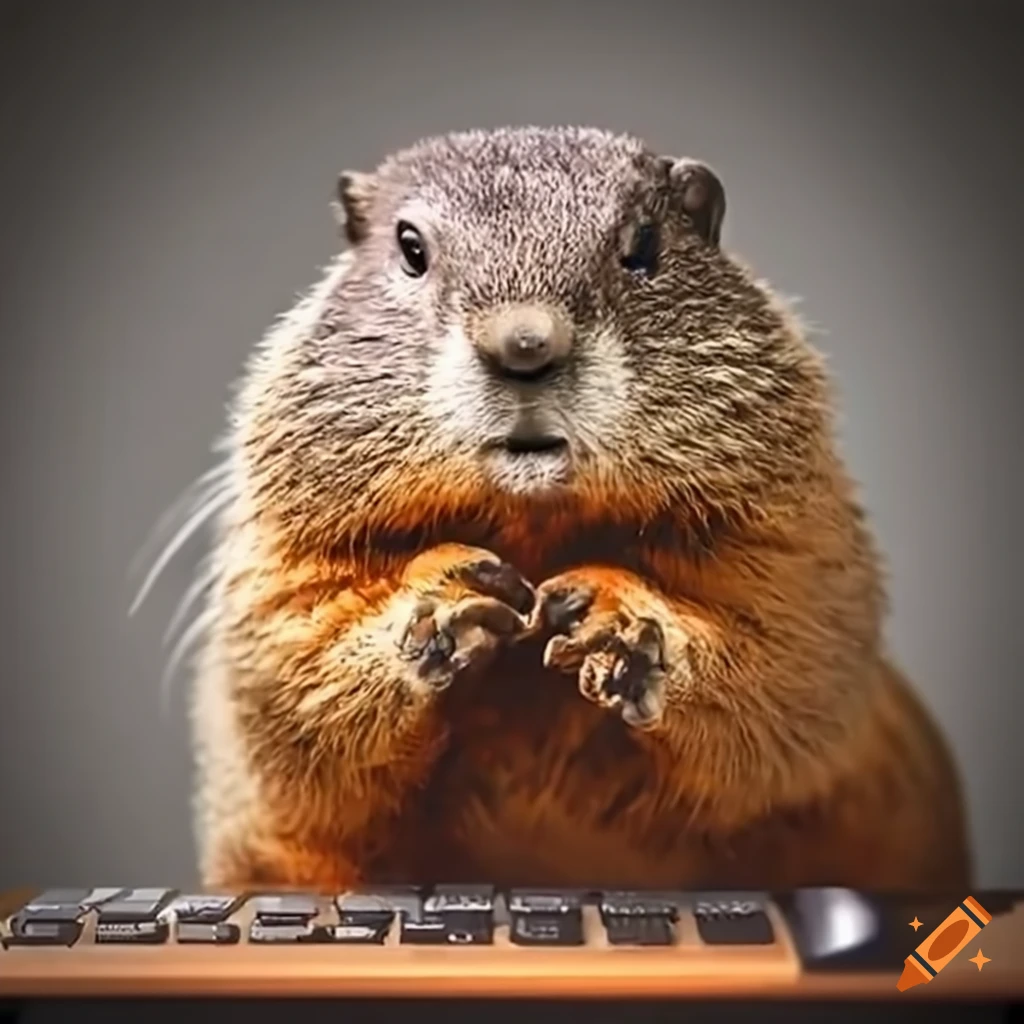 Friendly groundhog using a computer at a home workstation on Craiyon