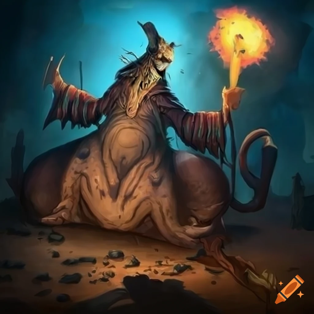 fantasy artwork of a cowardly pet beast in the desert