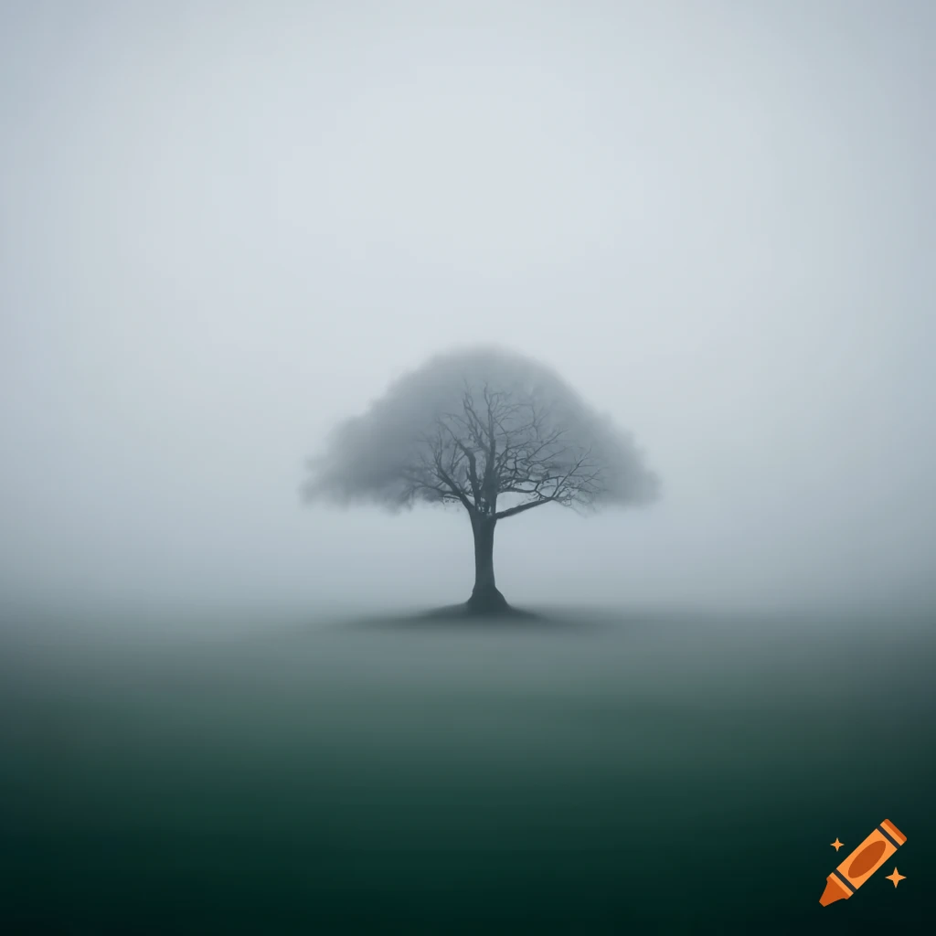 minimalist landscape of a tree in fog