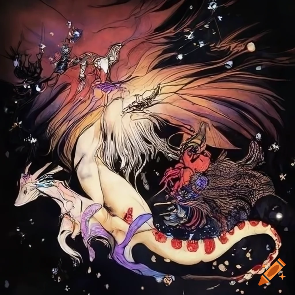Beautiful nymphs at a pool in the style of yoshitaka amano on Craiyon