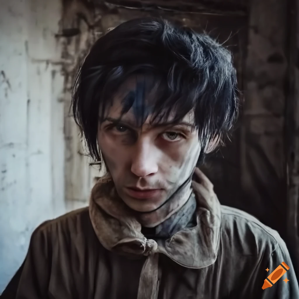 portrait of a young man with a crazed look in an abandoned building