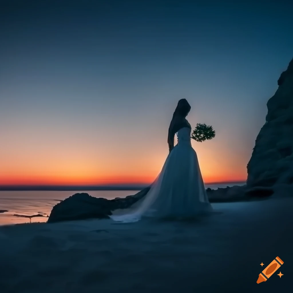 beautiful landscape with a bride at dawn