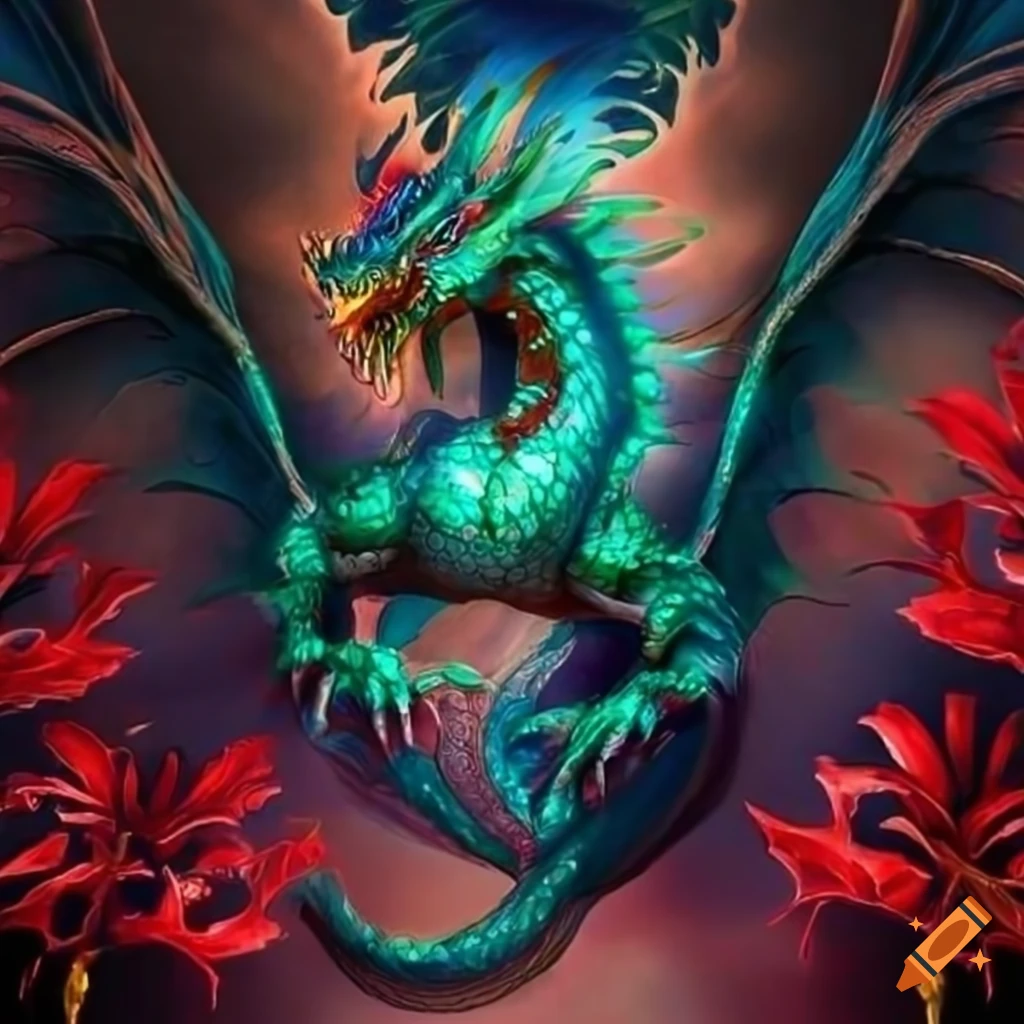 Artwork of a majestic dragon in emerald and blue colors on Craiyon