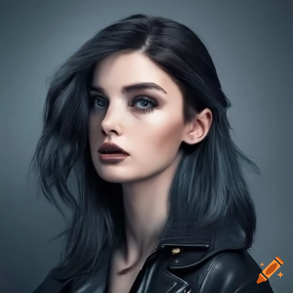 Portrait of a stylish woman with gray eyes and black hair on Craiyon