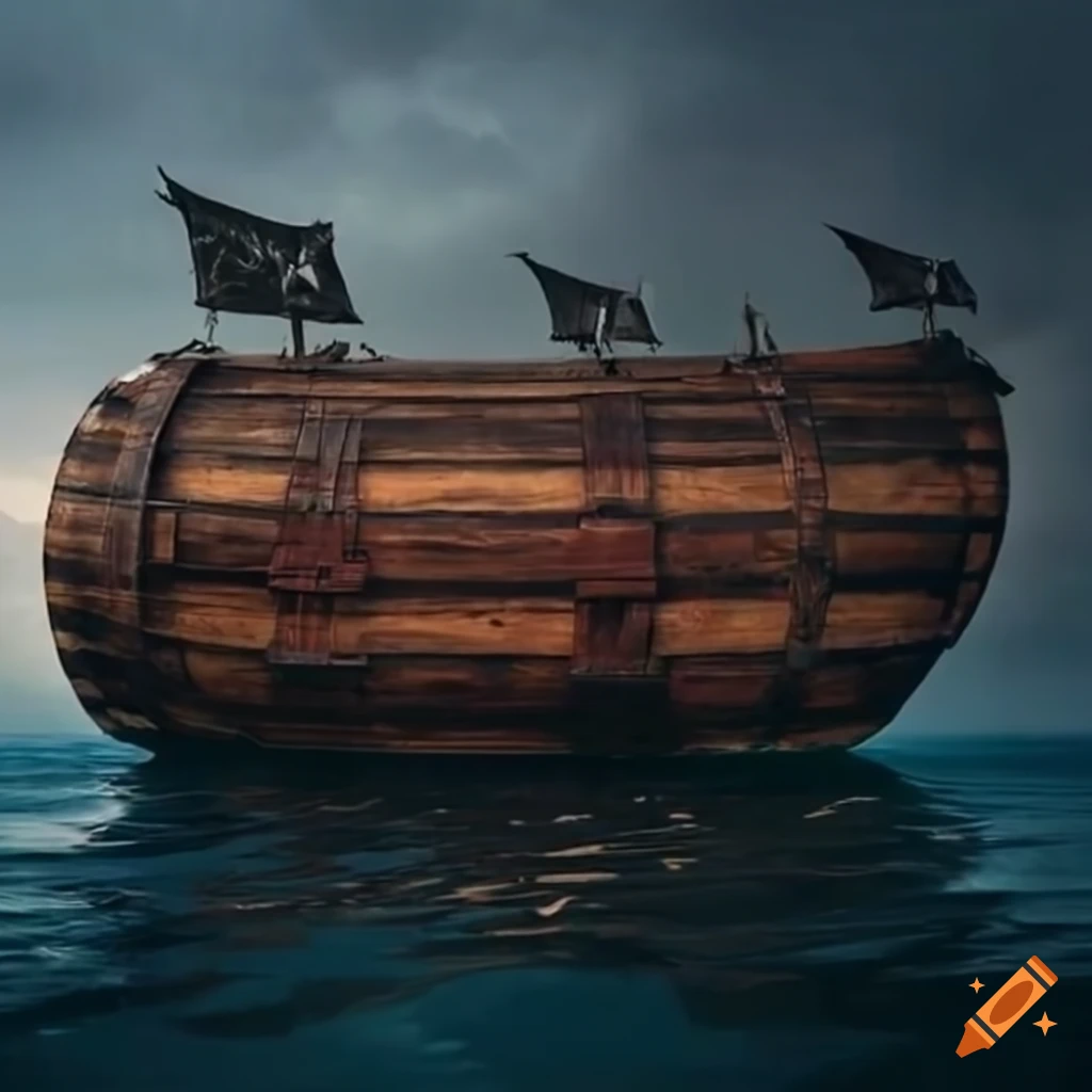 hyperealistic depiction of a pirate ship made out of a wine barrel