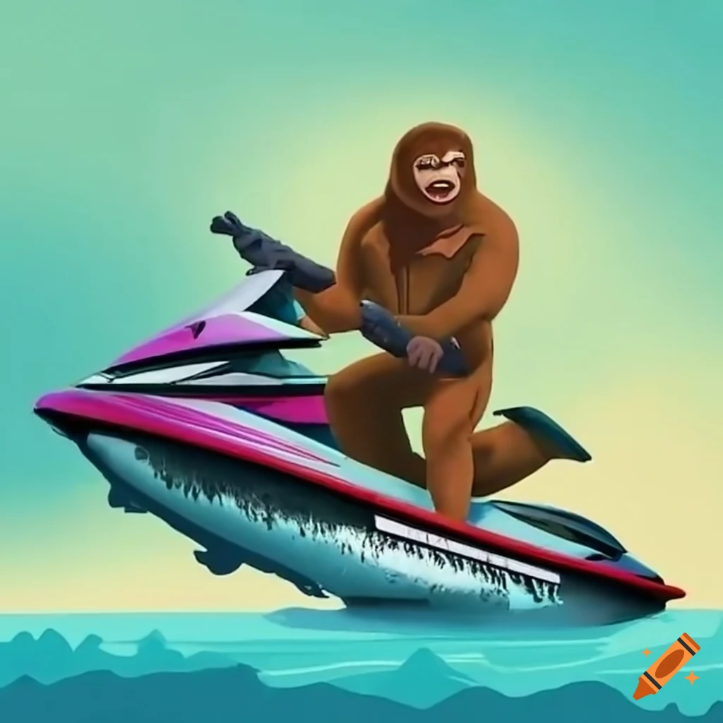 humorous image of Sasquatch riding a jetski