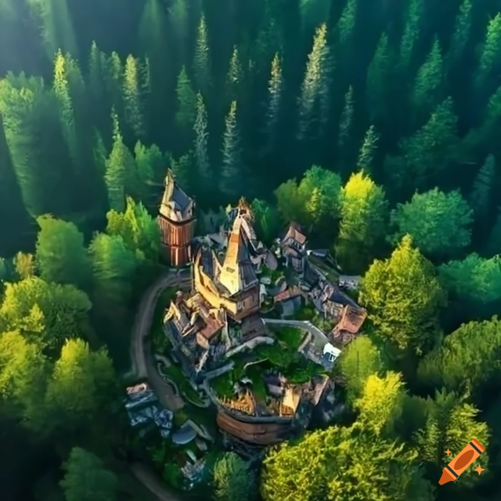 Bird's eye view of a peaceful fantasy town in a forest on Craiyon
