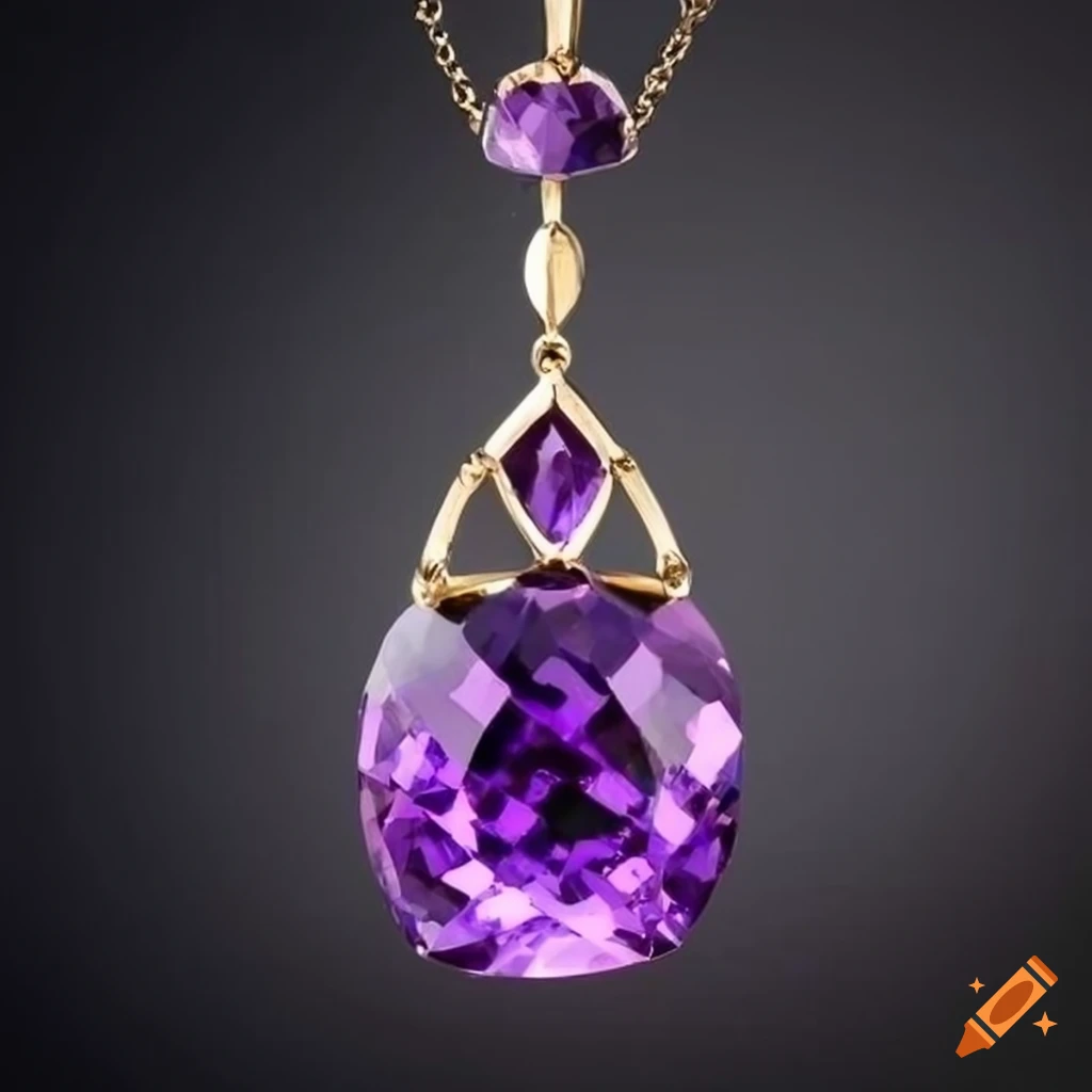 intricate metal necklace with a purple gemstone pendant
