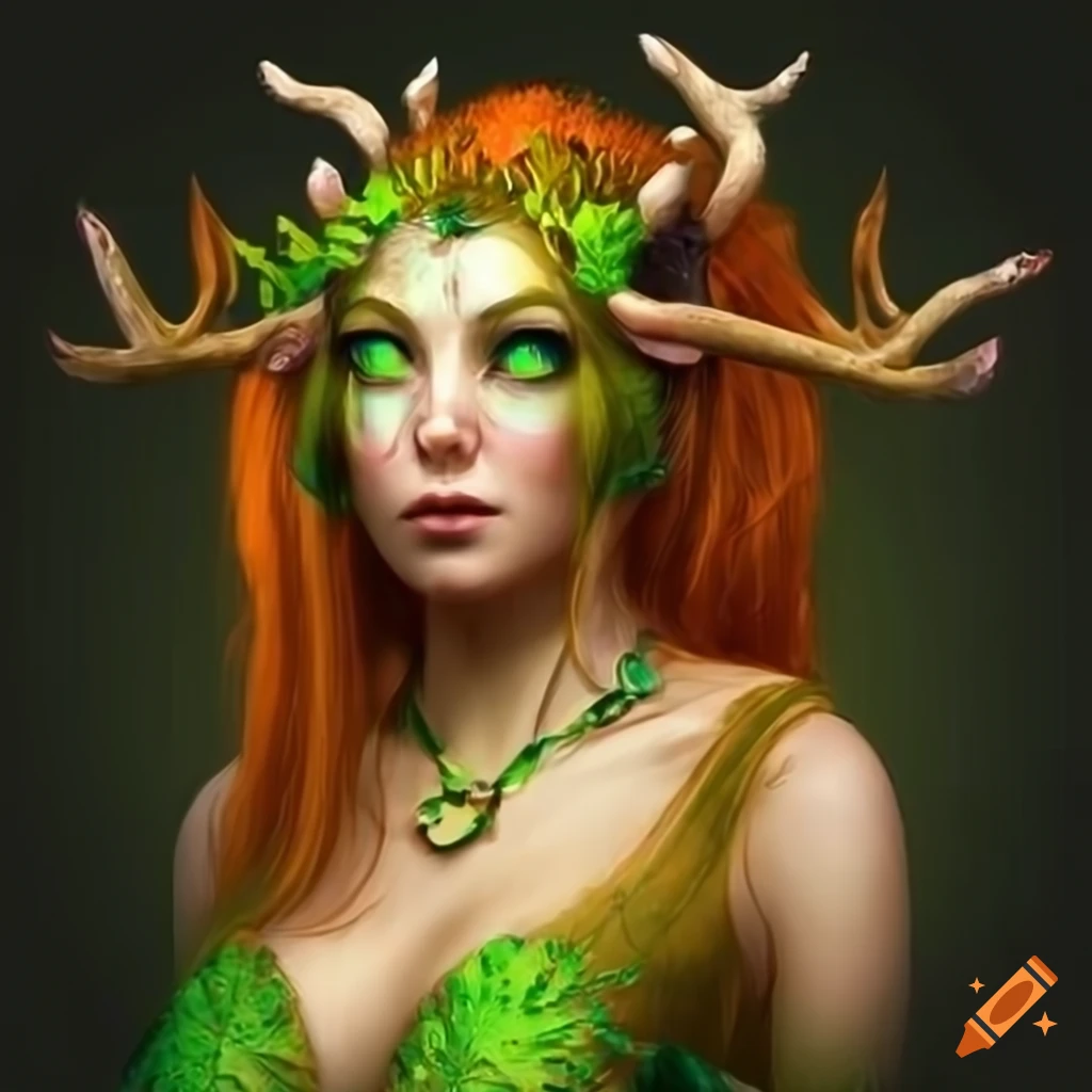 Artistic depiction of a fantasy nymph with antlers and fox tail