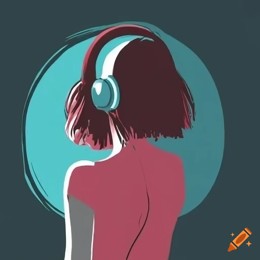 Girl wearing headphones from behind