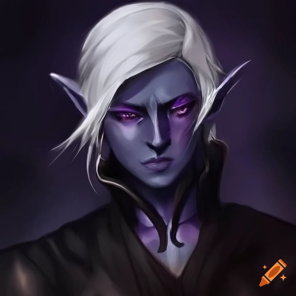 portrait of a DND drow elf boy with silver hair and violet eyes