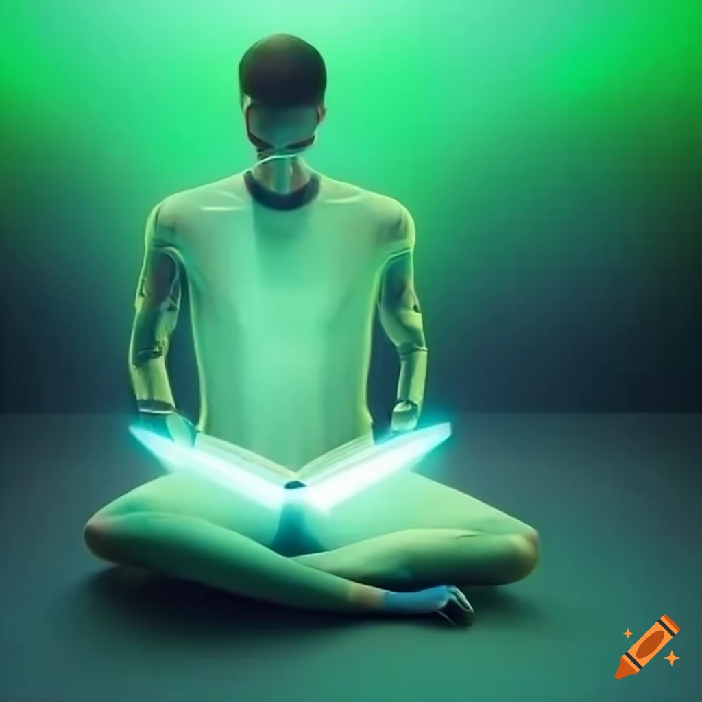 holographic book being read by a futuristic person in a green-lit room