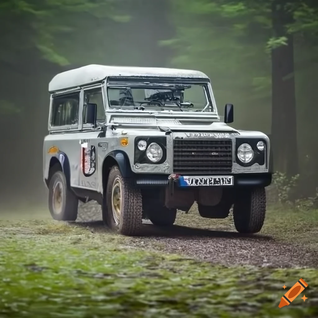 Land rover defender kamel trophy classic rally car in the fog