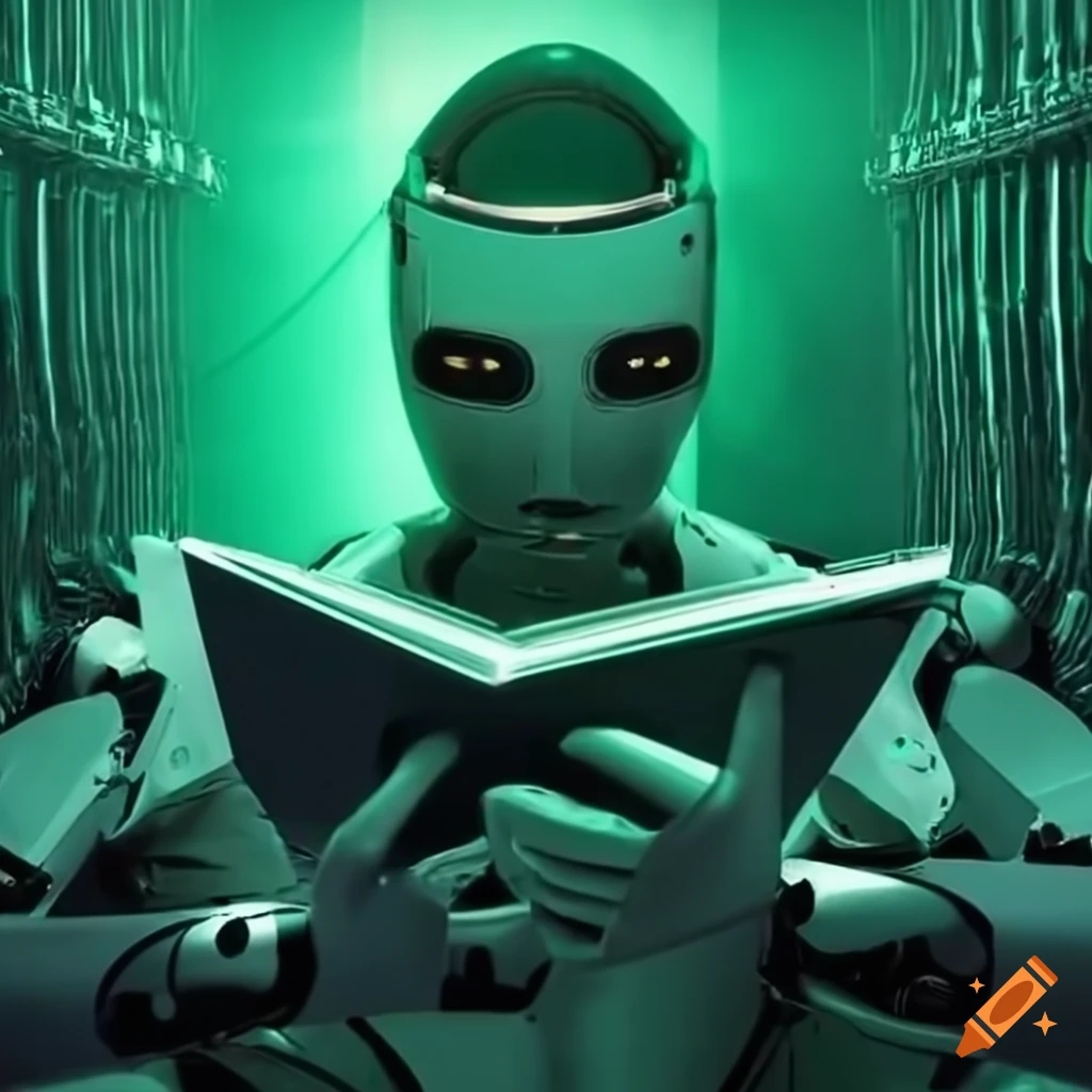 futuristic robot reading a glowing book in a sci-fi room